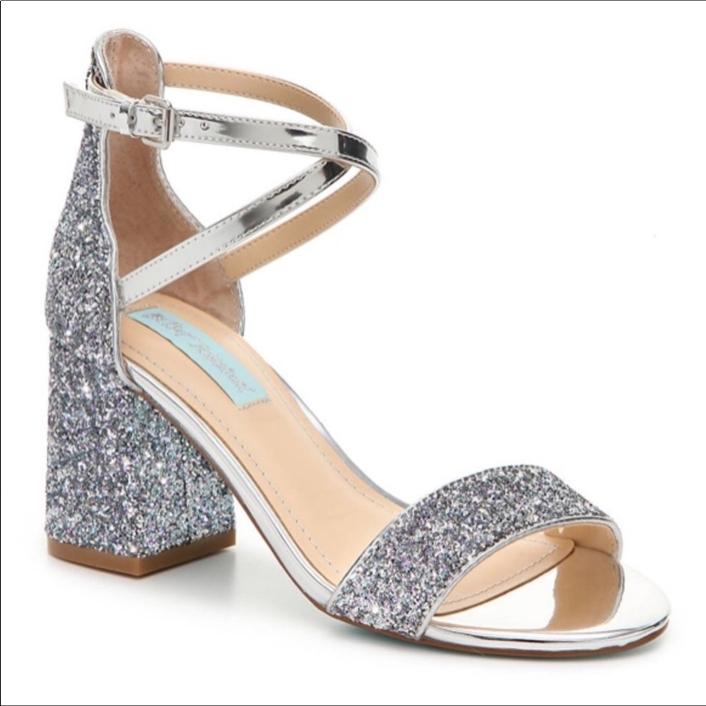 Betsey Johnson Libra Silver Glitter Strappy Heels